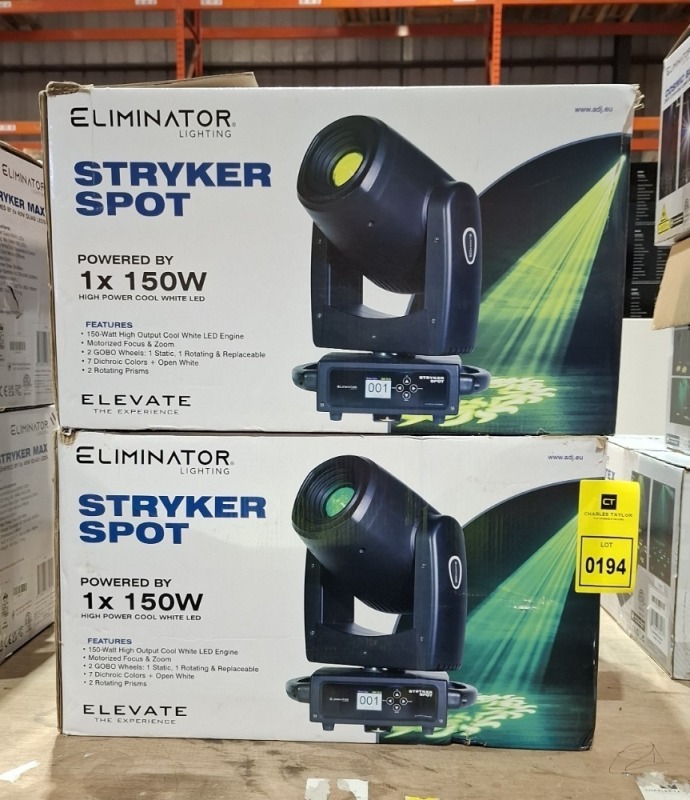 2 X GRADE B ELIMINATOR LIGHTING STRYKER SPOT POWERED BY 150W LED (UNTESTED)