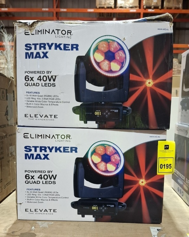 2 X GRADE B ELIMINATOR LIGHTING STRYKER MAX POWERED BY 6 X 40W QUAD LEDS (UNTESTED)