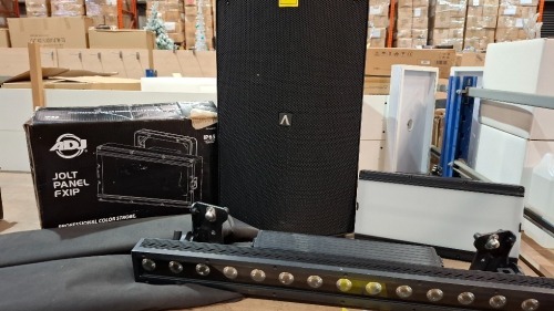 5 X PIECE MIXED GRADE B LOT TO INCLUDE 1X AVANTE LARGE SPEAKER - 2X ADJ JOLT PANEL FXIP - 1X ADJ 15 HEX BAR IP - 1X STORAGE BAG