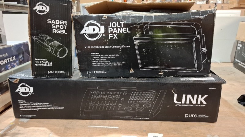 3 X PIECE MIXED GRADE B LOT TO INCLUDE ADJ JOLT PANEL FX LED LIGHT - ADJ SABER SPOT RBGL LED LIGHT - 1X ADJ LINK 4DMX APP BASED LIGHTING CONTROLLER (UNTESTED)