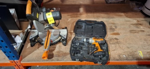 2 X PIECE TOOL LOT CONTAINIG EVOLUTION RAGE SLIDING MITE SAW , WORX CORDLESS COMBI HAMMER DRILL KIT