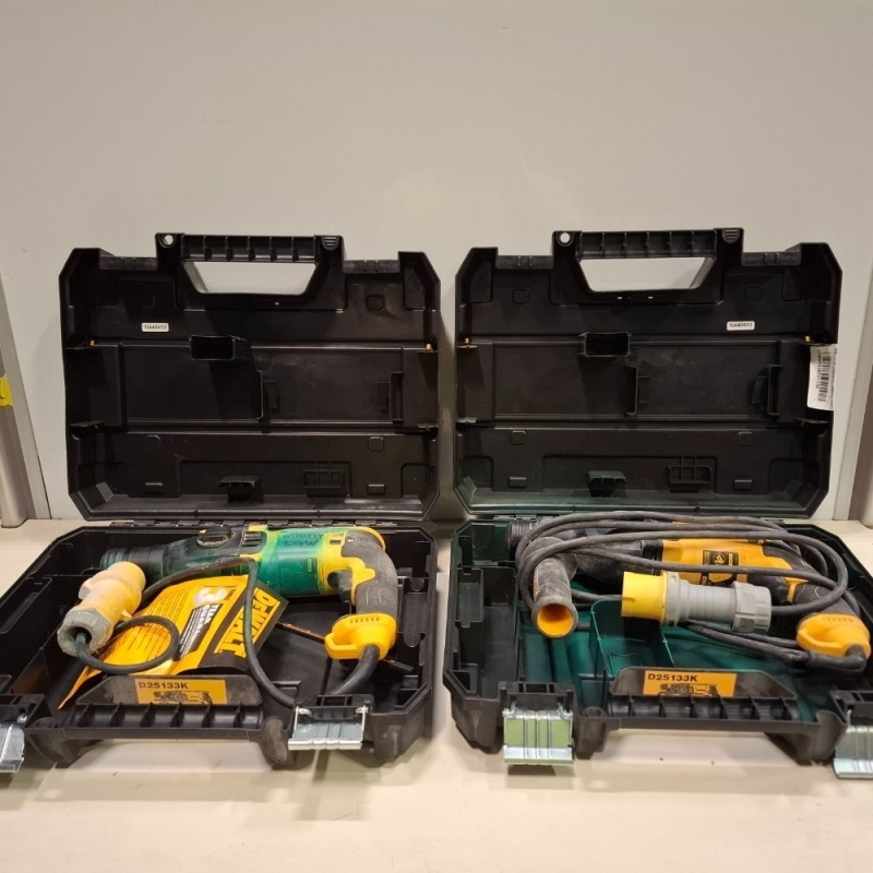2 X PIECE 110V DEWALT SDS HAMMER DRILLS IN CASE - ( NOTE TESTED IN WORKING CONDITION )