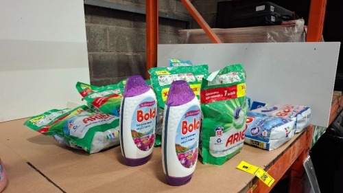 14 X PIECE BRAND NEW LOT CONTAINING ARIEL ALL IN 1 PODS , BOLD WILDFLOWERS LAUNDRY GEL , BOLD WASHING PODS , FAIRY WASHING PODS