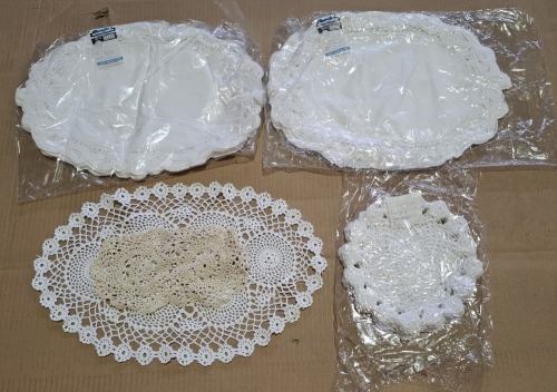 1000 X BRAND NEW MIXED LOT CONTAINING 12 X 18 CROCHET PLACEMATS IN WHITE , 6 X 10 CROCHET DOILEYS , 8 INCH CROCHET DOILEYS IN WHITE , 12 X 18 BATTAN LACE PLACEMAT IN WHITE IN 3 BOXES
