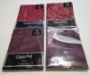 81 X BRAND NEW 100% POLYESTER TABLECLOTHS IN PURPLE IN SIZE 178 X 274 CM AND IN RED 132 X 132 IN 4 BOXES