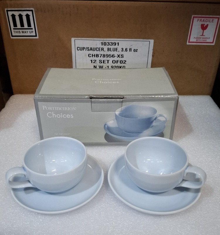 60 SETS OF 2 BRAND NEW PORTMEIRION CHOICES BLUE 3.6FLOZ CUP AND SAUCER - RRP EACH &pound;12 - TOTAL RRP &pound;720 IN 5 BOXES