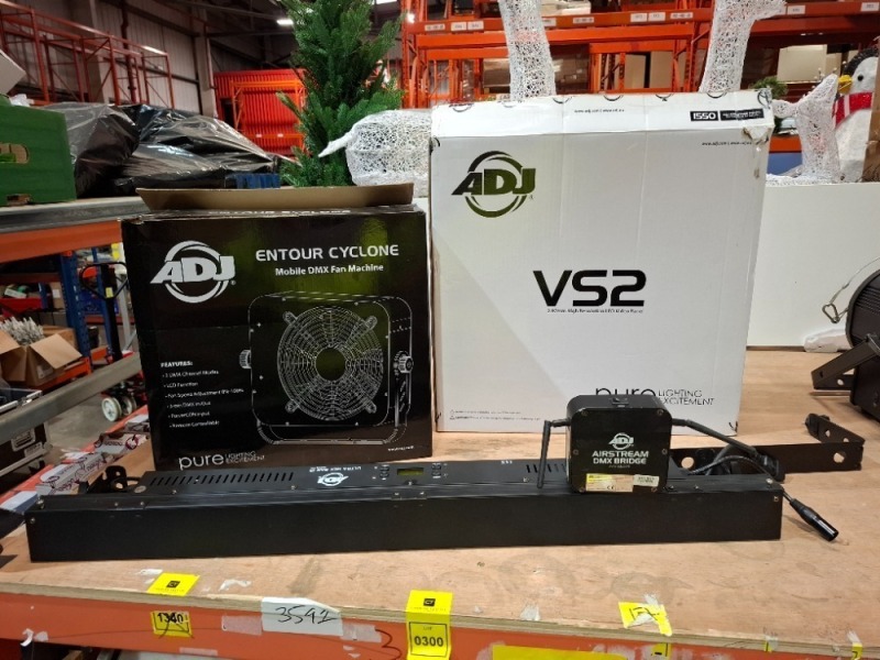 3 X PIECE MIXED GRADE B LIGHTING LOT TO INCLUDE 1X ADJ ENTOUR CYCLONE MOBILE DMX FAN MACHINE - 1X ADJ VS2 HIGH RES LED VIDEO PANEL - 1X ADJ ULTRA HEX BAR 12 (UNTESTED)