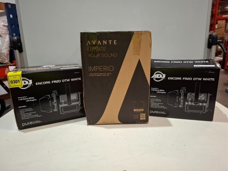 3 X PIECE MIXED GRADE B LIGHTING LOT TO INCLUDE 1X AVANTE IMPERIO 250W AMPLIFIER - 2 X ADJ ENCORE FR20 DTW WHITE 17W WARM WHITE LED ENGINE (UNTESTED)