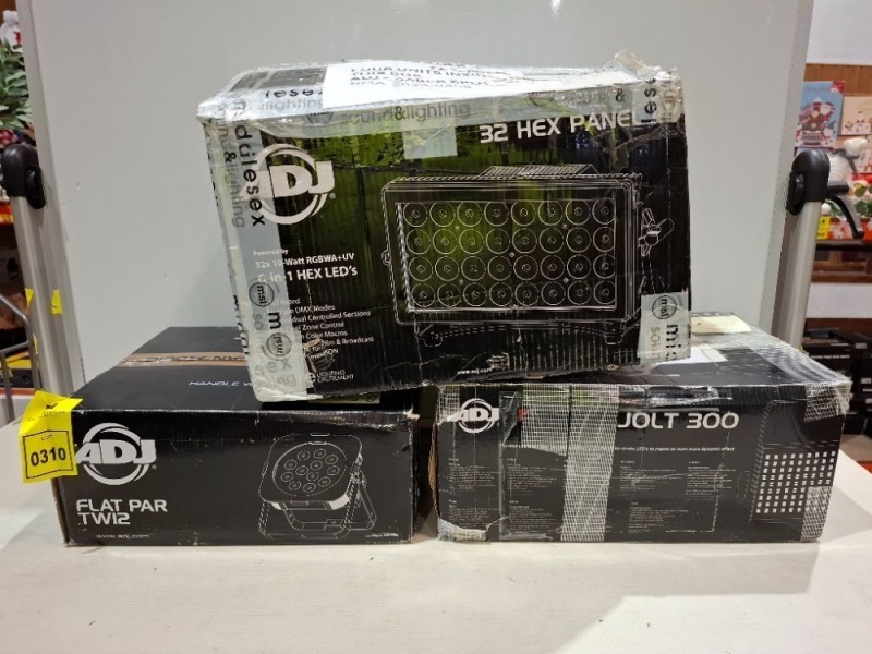 3 X PIECE MIXED GRADE B LIGHTING LOT TO INCLUDE 1X ADJ FLAT PAR TW12 LIGHT - 1X ADJ JOLT 300 LED LIGHT - 1X ADJ 32 HEX PANEL LIGHT (UNTESTED)