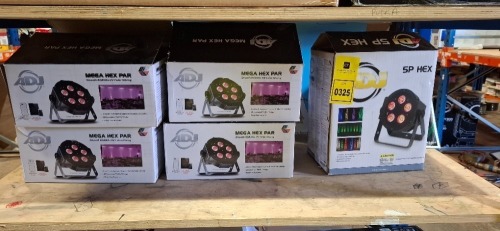 5 X PIECE MIXED GRADE B LIGHTING LOT TO INCLUDE 1X ADJ 5P HEX LED LIUGHT - 4X ADJ MEGA HEX PAR LED LIGHTS (UNTESTED)