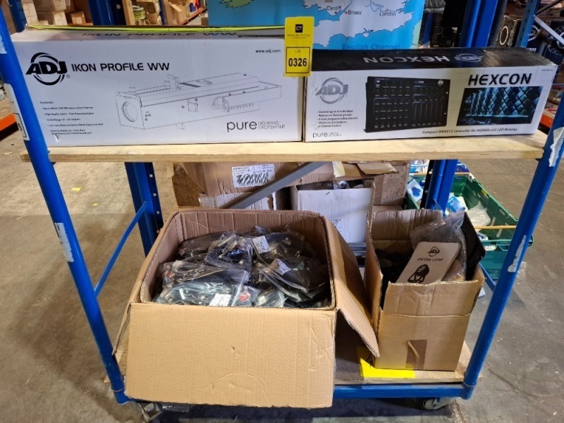 150 X PIECE MIXED GRADE B LIGHTING LOT TO INCLUDE LARGE AMOUNT OF ACCU POWER CABLES - LARGE AMOUNT OF PLUGS - 1X ADJ IKON PROFILE WW LED LIGHT - 1X ADJ HEXCON DMX512 CONTROLLER (UNTESTED) ON 2 SHELVES