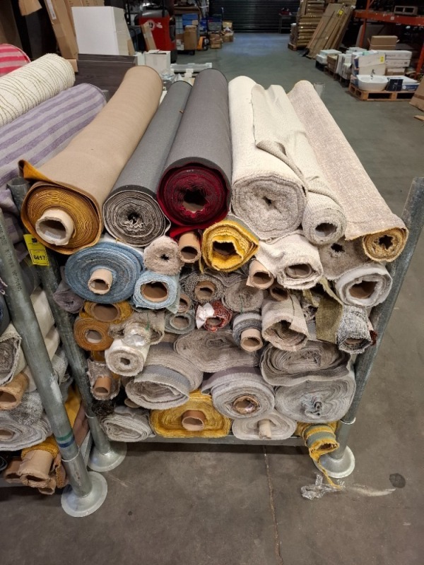 45 X VARIOUS FABRIC OFF CUT FABRIC ROLLS IN VARIOUS LENGTHS AND STYLES.