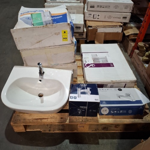 8 X MIXED BATHROOM LOT CONTAINING 3 X SANDRINGHAM 21 CLOAKROOM BASINS , 1 X BASIN WITH TAP , 1 X COOKE & LEWIS DOUBLE DOOR MIRROR CABINET IN GREY , 1 X BLYTH SET OF BASIN TAPS , 1 X IDEAL STANDARD CERAPLAN SINGLE LEVER BASIN MIXER TAP IN SILK BLACK , 1 