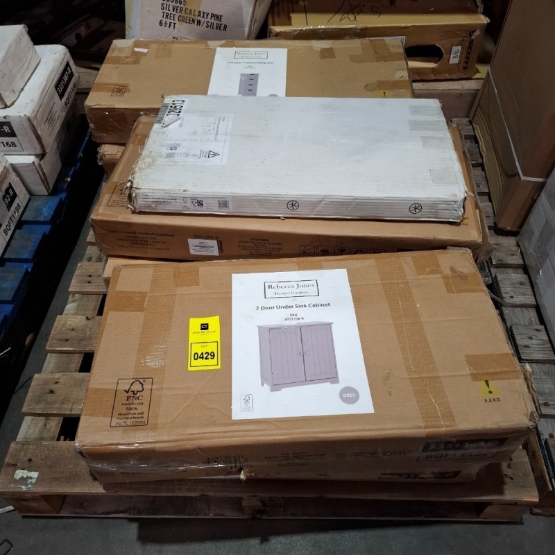 7 X MIXED REBECCA JONES BATHROOM LOT CONTAINING 2 X 4 DRAWER FREE STANDING UNITS 1 IN WHITE AND 1 IN GREY , 2 X 1 DOOR 1 DRAWER FREE STANDING CABINET 1 IN GREY AND 1 IN WHITE , 2 X 2 DOOR UNDER SINK CABINET 1 IN WHITE AND 1 IN GREY , 1 X COOKE & LEWIS DOU