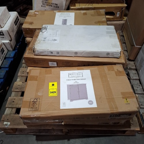 7 X MIXED REBECCA JONES BATHROOM LOT CONTAINING 2 X 4 DRAWER FREE STANDING UNITS 1 IN WHITE AND 1 IN GREY , 2 X 1 DOOR 1 DRAWER FREE STANDING CABINET 1 IN GREY AND 1 IN WHITE , 2 X 2 DOOR UNDER SINK CABINET 1 IN WHITE AND 1 IN GREY , 1 X COOKE & LEWIS DOU