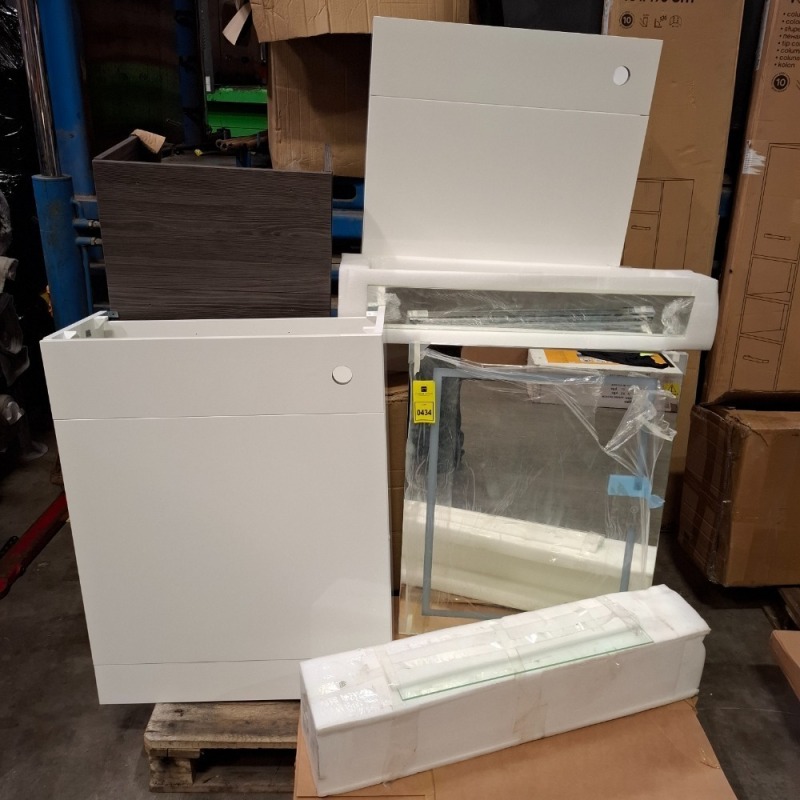 7 X MIXED BATHROOM LOT CONTAINING IDEAL STANDARD TEMPO WALL MOUNTED VANITY UNIT IN WHITE , MIRRORED VANITY UNIT , WC UNITS IN WHITE , ETC ON ONE PALLET (NOTE CUSTOMER RETURNS)