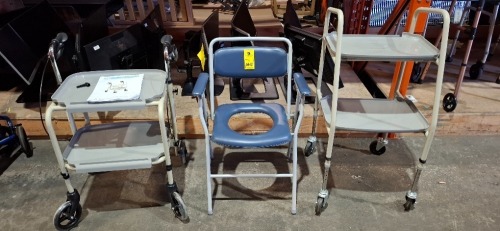 3 X MIXED LOT CONTAINING 1 X NRS HOME HELPER BRAKED TROLLEY , 1 X NRS HEALTHCARE GREY HOME HELPER TROLLEY , 1 X NRS HEALTHCARE DOVEDALE FOLDING COMMODE CHAIR