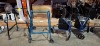 4 X BRAND NEW WALKING AIDS LOT CONTAINING 2 X NRS HEALTHCARE BLUE 3 WHEEL STEEL ROLLATORS , 2 X TWO - WHEELED HEIGHT ADJUSTABLE WALKING AIDS 1 IN BLACK AND 1 IN BLUE - 2