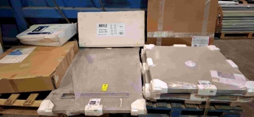 8 X MIXED BATHROOM LOT CONTAINING 3 X COOKE & LEWIS LIQUID GREY SHOWER TRAYS L 900 X W 900 X H 40MM , 1 X COOKE & LEWIS LIQUID GREY RECTANGULAR SHOWER TRAY L 1400 X W 900 X 60 MM , QBOARD LIQUID WETROOM FLOOR FORMER , 1 X DOMMEL GLOSS WHITE SQUARE CORNER