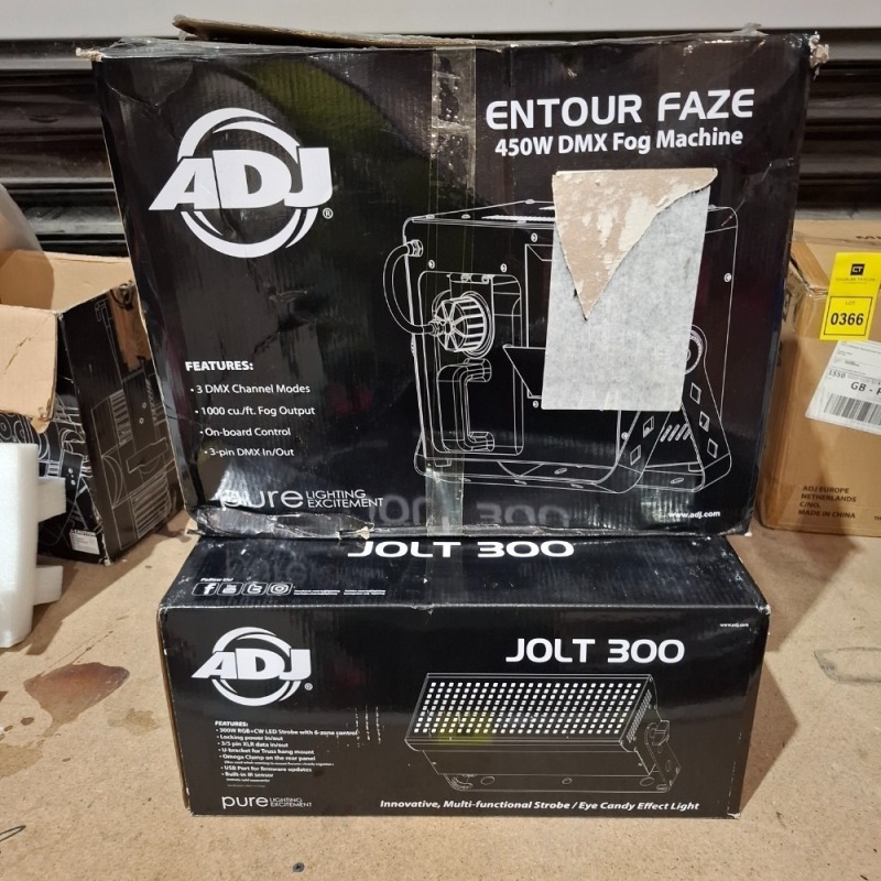 2 X GRADE B ADJ ENTOUR FAZE 450W DMX FOG MACHINE - 1X JOLT 300 LED STROBE LIGHT (UNTESTED)