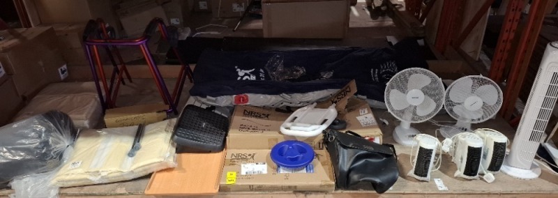 15 X PIECE MIX LOT CONTAINING NRS SUPERSLEEP 29 AIR MATTRESS , COT BUMPER FOR NRS COMMUNITY BED , WALKING AIDS JUST FRAMES , NRS COMMUNITY BED GRAB HANDLE , NRS EASY FIT BEDGUARD , FOOD TRAY , VARIOUS ELECTRIC FANS ETC OVER A FULL BAY