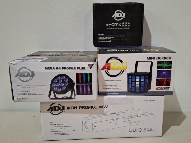 5 X PIECE MIXED GRADE B ADJ LIGHTING LOT TO INCLUDE 1X ADJI MNI DEKKER LED LIGHT - 1X ADJ IKON PROFILE WW LED LIGHT - 1X MEGA 64 PROFILE PLUS LED LIGHT - 2X ADJ LIGHTING CONTROL