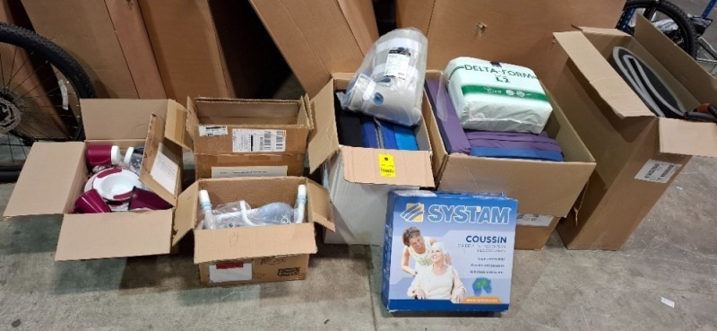 18 X PIECE MIXED LOT CONTAINING 2 X COMPACT EASY PERCHING STOOLS , BAHR -F BODY ARMOR HEEL RELIEVER , SYSTAM ANTI DECUBITUS CUSHIONS , FREESTYLE GRAB AND GO WALKING STICK , VARIOUS DISABILITY CUSHIONS AND ABENA DELTA FORM ADULT INCONTINENCE BRIEFS IN SIZE