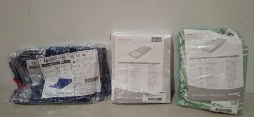50 + BRAND NEW MIXED HEALTHCARE SHEETS LOT CONTAINING HOSPITAL DIRECT SLIDEEZI GILDE SHEETS , SATIN PILLOWS , CROMPTONS TUBULAR WASHABLE / RE - USABLE SIDE SHEET , SATIN SHEET 4DIRECTION W/ HANDLES MAXI - WIDE SIZE W3OOO X L2000 ETC IN 4 BOXES