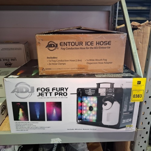 2 X PIECE GRADE B MIXED ADJ LIGHTING LOT TO INCLUDE 1X FOG FURY JET PRO 1550W FOG MACHINE - 1X ENTOUR I9CE FOG CONDUCTION HOSE (UNTESTED)