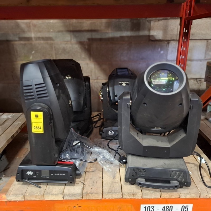 4 X PIECE GRADE C MIXED ADJ LIGHTING LOT TO INCLUDE 2X VIZI CMY 300 - 1X VIZI BEAM SRX - 1X VIZI CMY PRO 16R (UNTESTED)