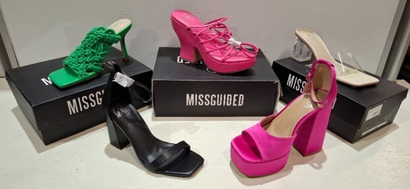 30 X BRAND NEW PAIRS OF MISSGUIDED SHOES LOT TO INCLUDE PERSPEX BLOCK HEEL MULE SANDALS IN SAND , EXTREME PLATFORM SATIN HEELED SANDALS IN HOT PINK , CROCHET TIE UP HEELED SANDAL IN HOT PINK ETC ALL IN SIZE 3