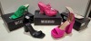 30 X BRAND NEW PAIRS OF MISSGUIDED SHOES LOT TO INCLUDE PERSPEX BLOCK HEEL MULE SANDALS IN SAND , EXTREME PLATFORM SATIN HEELED SANDALS IN HOT PINK , CROCHET TIE UP HEELED SANDAL IN HOT PINK ETC ALL IN SIZE 3
