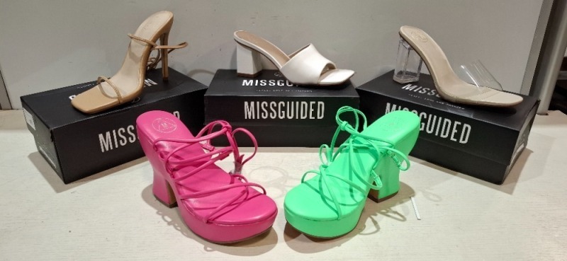 30 X BRAND NEW PAIRS OF MISSGUIDED SHOES LOT TO INCLUDE SQUARE TOE HIGH HEEL TIE UP SANDALS IN BLACK , CROCHET TIE UP HEELED SANDAL IN HOT PINK , FAUX LEATHER PLATFORM STRAPPY SANDAL IN PINK ETC ALL IN SIZE 4