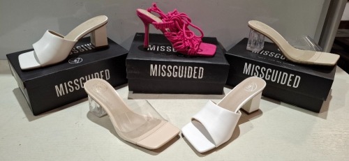 30 X BRAND NEW PAIRS OF MISSGUIDED SHOES LOT TO INCLUDE PERSPEX BLOCK HEEL MULE SANDAL IN SAND , SQUARE TOE BLOCK HEEL MULE SANDAL IN WHITE , CLEAR HEEL BLOCK MULE IN CLEAR ETC ALL IN SIZE 5