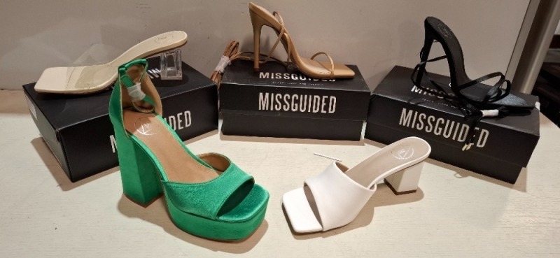 30 X BRAND NEW PAIRS OF MISSGUIDED SHOES LOT TO INCLUDE EXTREME PLATFORM SATIN HEELED SANDAL IN DARK GREEN , CLEAR PLATFORM STILETTO HEELED SANDAL IN CLEAR , WF SATIN POINTED LACE UP BARELY THERE IN BLACK ETC ALL IN SIZE 5