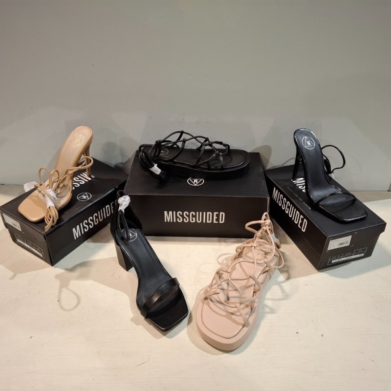 30 X BRAND NEW PAIRS OF MISSGUIDED SHOES LOT TO INCLUDE WIDE FIT HIGH HEEL BLOCK BARELY THERE IN BLACK , CHUNKY FLATFORM GLADIATOR SANDAL IN BLACK , WIDE FIT HIGH HEEL BLOCK BARELY THERE IN BLACK ETC ALL IN SIZE 5