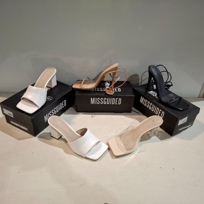 30 X BRAND NEW PAIRS OF MISSGUIDED SHOES LOT TO INCLUDE PERSPEX BLOCK HEEL MULE SANDAL IN SAND , SQUARE TOE BLOCK HEEL MULE SANDALS IN WHITE ETC ALL IN SIZE 5