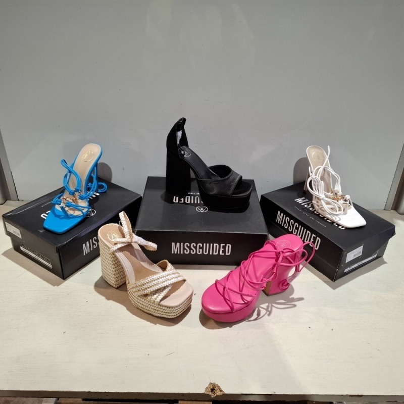 30 X BRAND NEW PAIRS OF MISSGUIDED SHOES LOT TO INCLUDE STRAPPY RING DETAIL HEELED SANDAL IN BLUE , EXTREME PLATFORM RAFFIA HEELED SANDAL IN CREAM , FAUX LEATHER PLATFORM STRAPPY SANDAL IN PINK ETC ALL IN SIZE 5