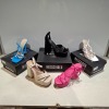 30 X BRAND NEW PAIRS OF MISSGUIDED SHOES LOT TO INCLUDE STRAPPY RING DETAIL HEELED SANDAL IN BLUE , EXTREME PLATFORM RAFFIA HEELED SANDAL IN CREAM , FAUX LEATHER PLATFORM STRAPPY SANDAL IN PINK ETC ALL IN SIZE 5