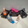 30 X BRAND NEW PAIRS OF MISSGUIDED SHOES LOT TO INCLUDE MID BLOCK BARELY THERE FAUX LEATHER IN BLACK , PLATFORM STRAPPY HEELED SANDALS IN GOLD , BASIC BARELY THERE IN BLACK ETC ALL IN SIZE 5