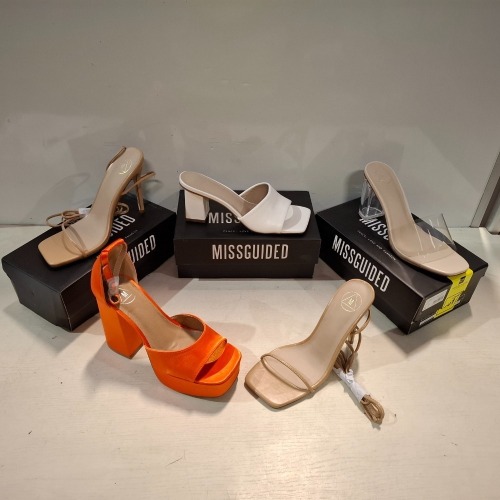 30 X BRAND NEW PAIRS OF MISSGUIDED SHOES LOT TO INCLUDE CLEAR HEEL BLOCK MULE IN CLEAR , SQUARE TOE HIGH HEEL TIE UP SANDALS IN SAND , PERSPEX BLOCK HEEL MULE SANDAL IN SAND ETC ALL IN SIZE 6