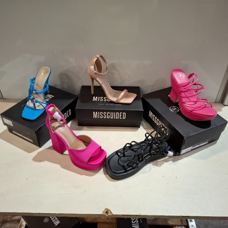 30 X BRAND NEW PAIRS OF MISSGUIDED SHOES LOT TO INCLUDE EXTREME PLATFORM SATIN HEELED SANDALS IN HOT PINK , CHUNKY FLATFORM GLADIATOR SANDAL IN BLACK ETC ALL IN SIZE 6