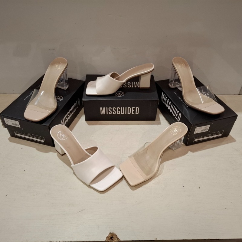 30 X BRAND NEW PAIRS OF MISSGUIDED SHOES LOT TO INCLUDE SQUARE TOE BLOCK HEEL MULE SANDALS IN WHITE , PERSPEX HEEL MULE SANDAL IN SAND , CLEAR HEEL BLOCK HEEL MULE IN CLEAR ETC ALL IN SIZE 6