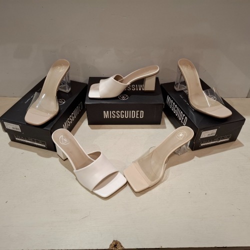 30 X BRAND NEW PAIRS OF MISSGUIDED SHOES LOT TO INCLUDE SQUARE TOE BLOCK HEEL MULE SANDALS IN WHITE , PERSPEX HEEL MULE SANDAL IN SAND , CLEAR HEEL BLOCK HEEL MULE IN CLEAR ETC ALL IN SIZE 6