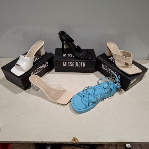 30 X BRAND NEW PAIRS OF MISSGUIDED SHOES LOT TO INCLUDE VELCRO STRAP GRANDAD SANDAL IN SAND , NATURAL FLIP FLOP MULE HEEL SANDAL IN BEIGE , EXTREME PLATFORM CORK HEELED MULE IN CREAM ETC ALL IN SIZE 7
