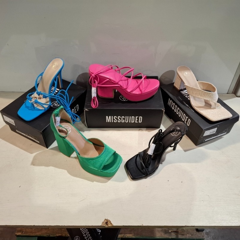 30 X BRAND NEW PAIRS OF MISSGUIDED SHOES LOT TO INCLUDE CHUNKY FLATFORM GLADIATOR SANDAL IN BLUE , SQUARE TOE HIGH HEEL TIE UP SANDALS IN SAND , PERSPEX BLOCK HEEL MULE SANDAL IN SAND ETC ALL IN SIZE 8