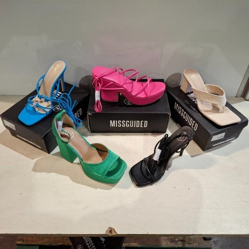 30 X BRAND NEW PAIRS OF MISSGUIDED SHOES LOT TO INCLUDE CHUNKY FLATFORM GLADIATOR SANDAL IN BLUE , SQUARE TOE HIGH HEEL TIE UP SANDALS IN SAND , PERSPEX BLOCK HEEL MULE SANDAL IN SAND ETC ALL IN SIZE 8