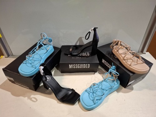 30 X BRAND NEW PAIRS OF MISSGUIDED SHOES LOT TO INCLUDE FAUX LEATHER PLATFORM STRAPPY IN PINK , ASSYM STRAPPY HEELED SANDAL IN LIME , SQUARE TOE HIGH HEEL TIE UP SANDALS IN BLACK ETC ALL IN SIZE 8