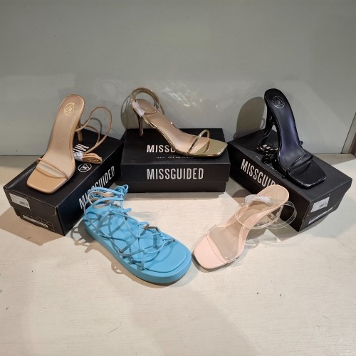 30 X BRAND NEW PAIRS OF MISSGUIDED SHOES LOT TO INCLUDE CHUNKY PLATFORM GLADIATOR SANDAL , WIDE FIT HIGH HEEL BLOCK BARELY THERE IN BLACK , CHUNKY PLATFORM GLADIATOR SANDAL IN BLUE ETC IN SIZES 5,6 AND 7