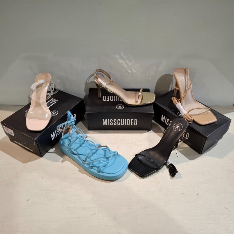 30 X BRAND NEW PAIRS OF MISSGUIDED SHOES LOT TO INCLUDE CHUNKY FLATFORM GLADIATOR SANDAL IN BLUE , SQUARE TOE HIGH HEEL TIE UP SANDALS IN SAND , PERSPEX BLOCK HEEL MULE SANDAL IN SAND ETC ALL IN SIZE 6